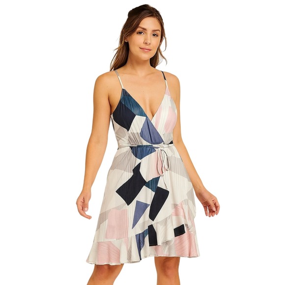 Ultranice Wrap Dress Adjustable Straps Ruffle Hem Geometric Print Multicolor New - Picture 1 of 9